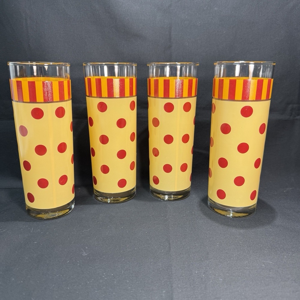 VTG MCM Set Of 4 Gail Pittman Tom Collins 12 oz Glasses Polka Dot Red Yellow 7"